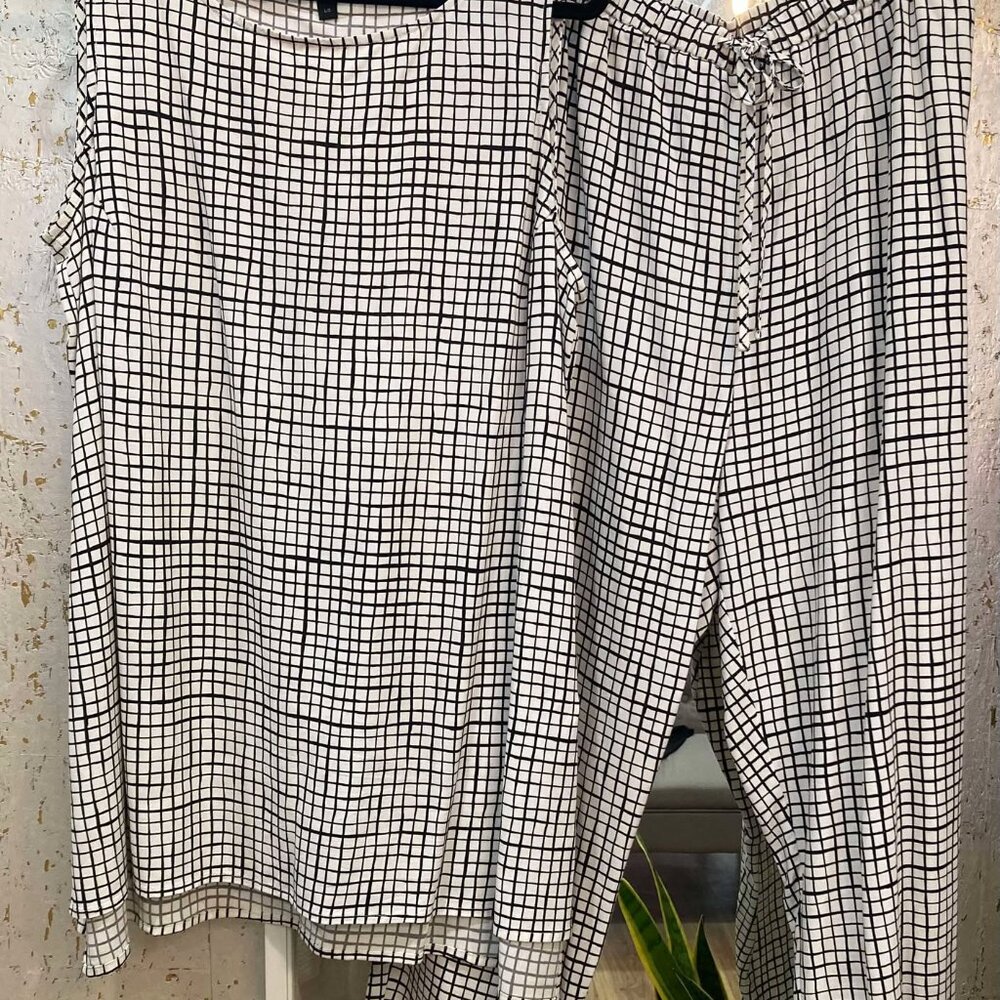 Eileen Fisher White Pantsuit with Black Grid Print